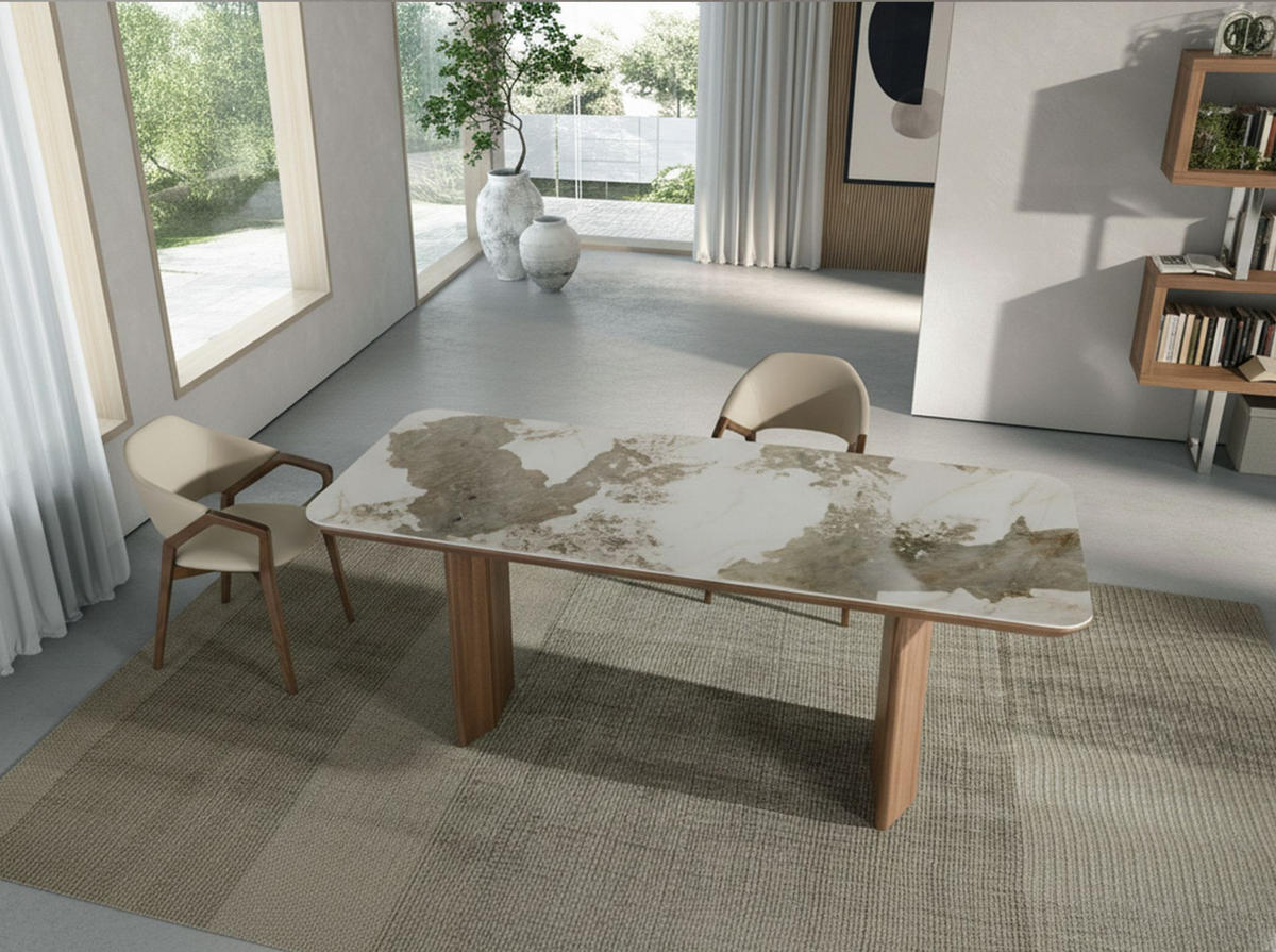 ESSTISCH Esstisch Rechteckig porzellanmarmor aus Walnuss 200/90/77 cm - Walnussfarben/Weiß, Stein (90/200/77cm) - ANGEL CERDA