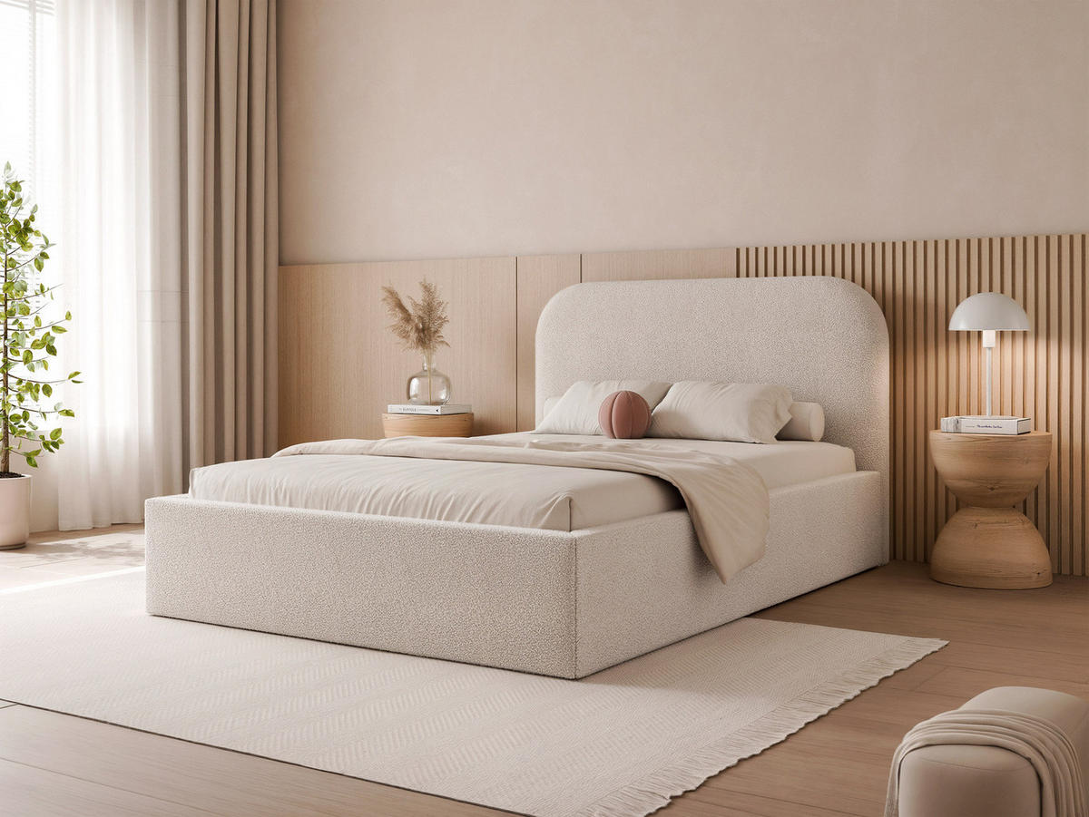 POLSTERBETT FUZZI 120x200 cm Kaltes Beige Bouclé (Stoff Now or Never) - mit Bettkasten und Lattenrost - Beige, Holzwerkstoff/Textil (120/200cm) - Ravio