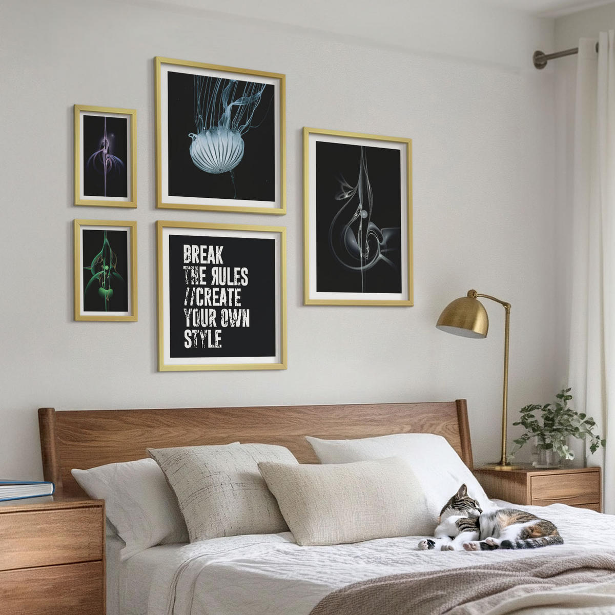 BILDER SET 5er Set - 50x50 cm & 20x30 cm & 40x60 cm Goldrahmen - Abstrakte Darstellung von grauen Katzenrosen - Goldfarben, Kunststoff (40/60cm) - TULUP