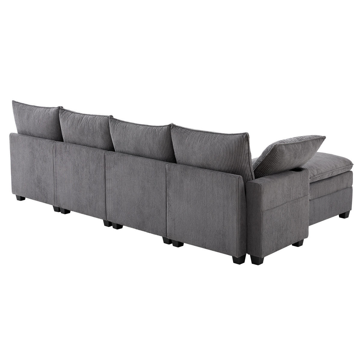 WOHNLANDSCHAFT aus Cord 280x151x82 cm Grau mit USB-Anschlüssen, Stauraum, Getränkehaltern und 2 Fußhockern - Grau, Textil (151/82/280cm) - Modfu