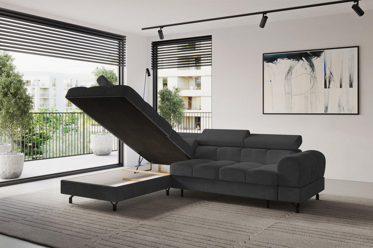 ECKSOFA mit Schlaffunktion Ottomane Links LUMA-L 272x203x70 Dunkelgrau Velours - Dunkelgrau/Schwarz, Holzwerkstoff/Kunststoff (272/203cm) - ALTDECOR