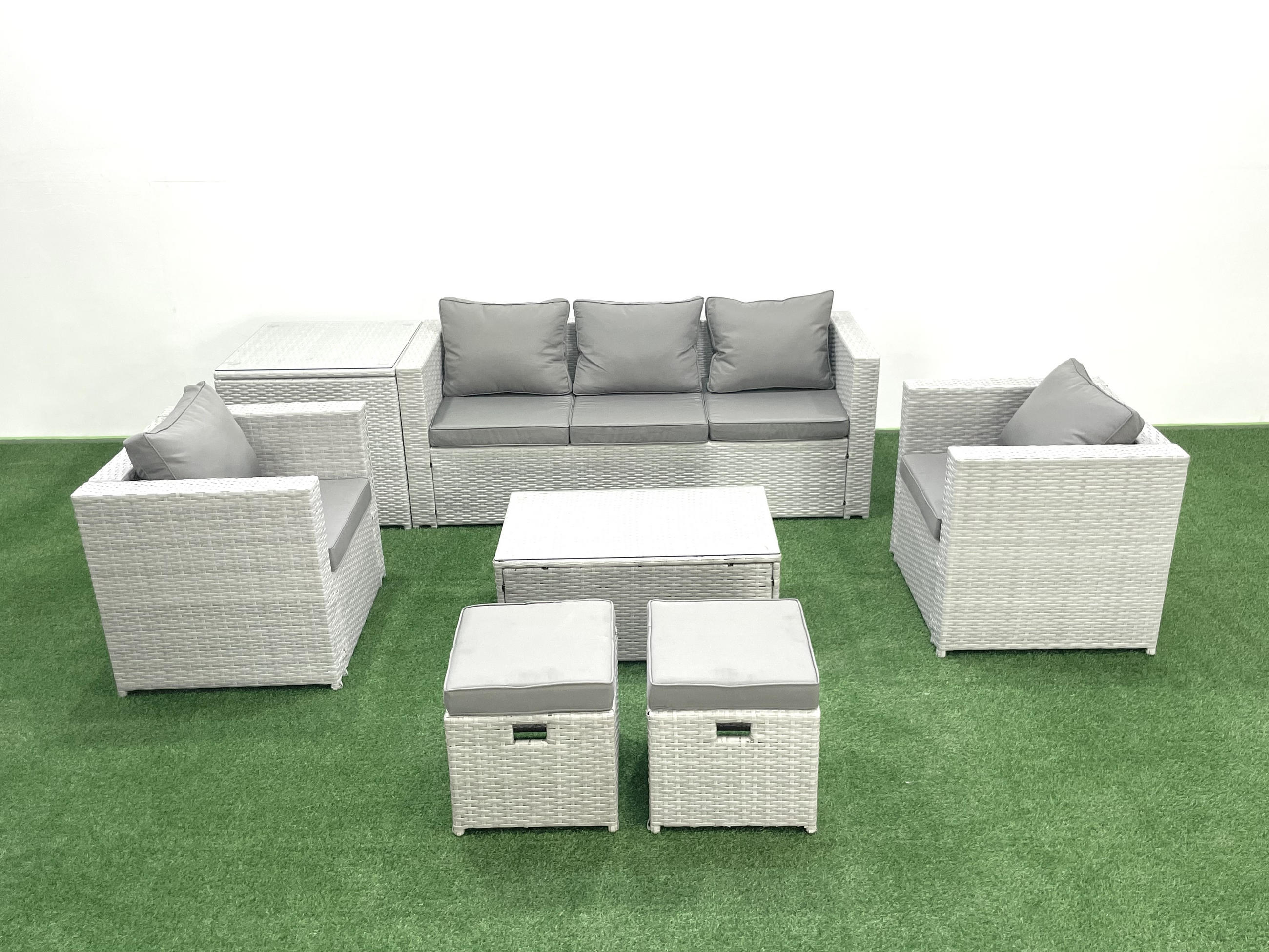 GARTENMÖBELSET mit 3-SITZER SOFA,COUCHTISCH Polyrattan Hellgrau-Mix 7-Sitzer - Hellgrau/Grau, Glas/Kunststoff - Fimous