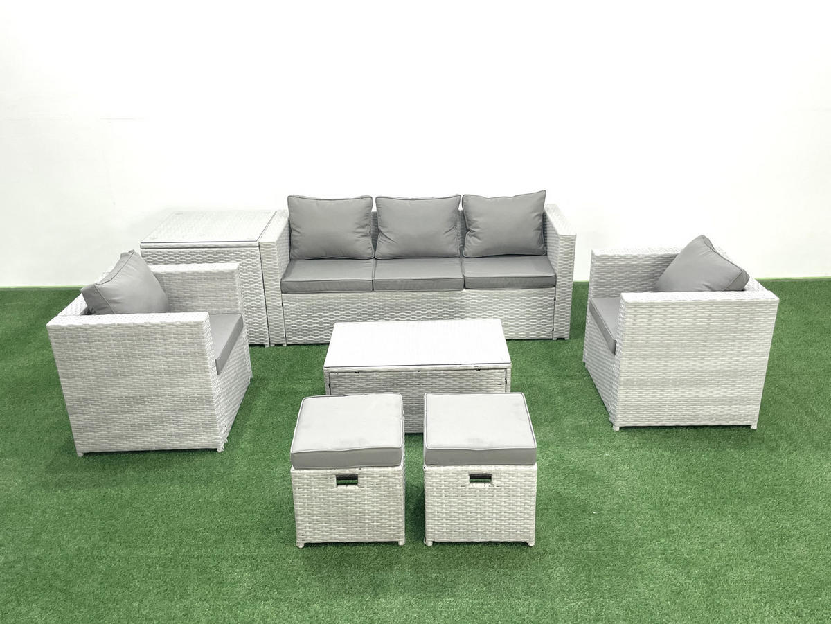 GARTENMÖBELSET mit 3-SITZER SOFA,COUCHTISCH Polyrattan Hellgrau-Mix 7-Sitzer - Hellgrau/Grau, Glas/Kunststoff - Fimous