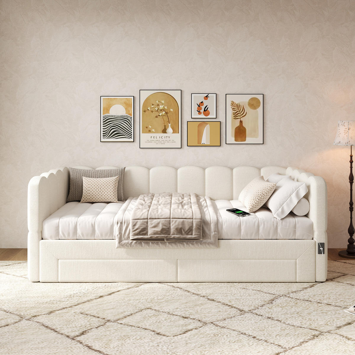 POLSTERBETT 90/190 cm beige aus Leinen mit Ausziehfunktion und USB-Anschluss - Weiß, Textil (90/190cm) - OKWISH