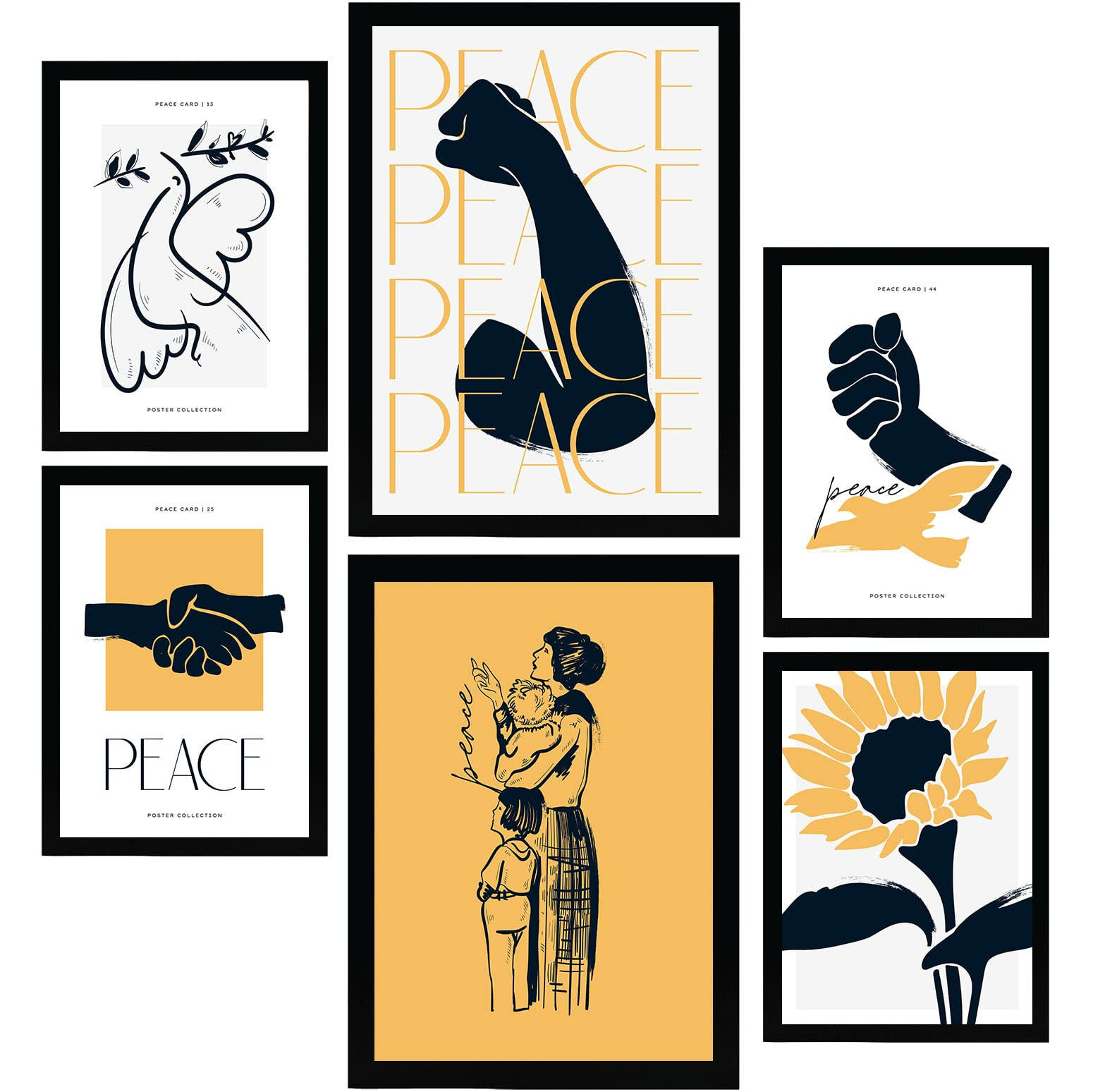 POSTER Set Mit 6 In Schwarzer Tinte Frieden Und Kraft A3 & A4 Rahmenlos - Klar, Papier (29/3cm) - Nacnic