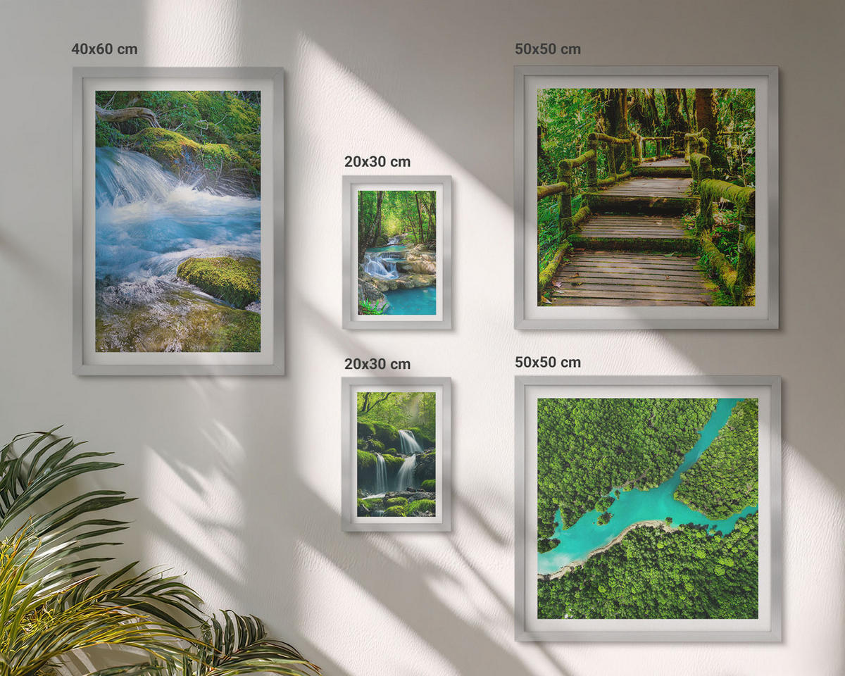 WANDBILDER 5er Set - 50x50 cm & 20x30 cm & 40x60 cm Silberner Rahmen - Grüne Berge, Flussfelsen - Silberfarben, Kunststoff (40/60cm) - ArtPrintCave