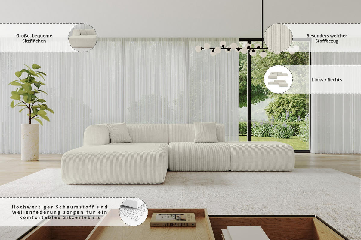 ECKSOFA Ottomane Links OVLY-L 289x176x71 Creme Cord - Creme/Schwarz, Holzwerkstoff/Kunststoff (176/289cm) - ALTDECOR