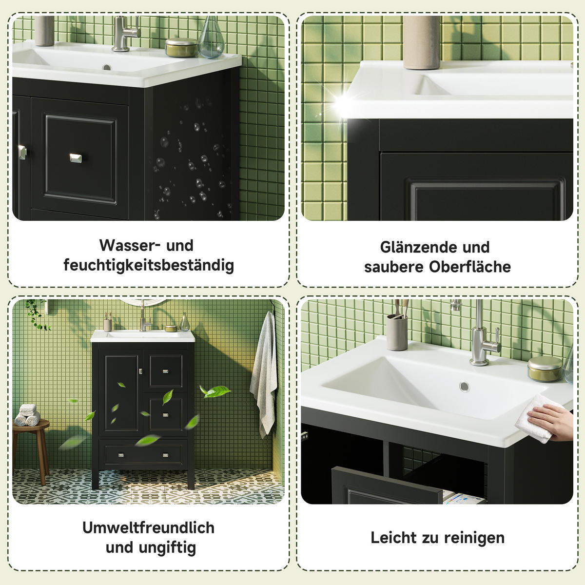 WASCHTISCH Freistehend mit Keramikbecken & 3 Schubladen 62cm - Schwarz, Holzwerkstoff (62/90/47cm) - Urban Meuble