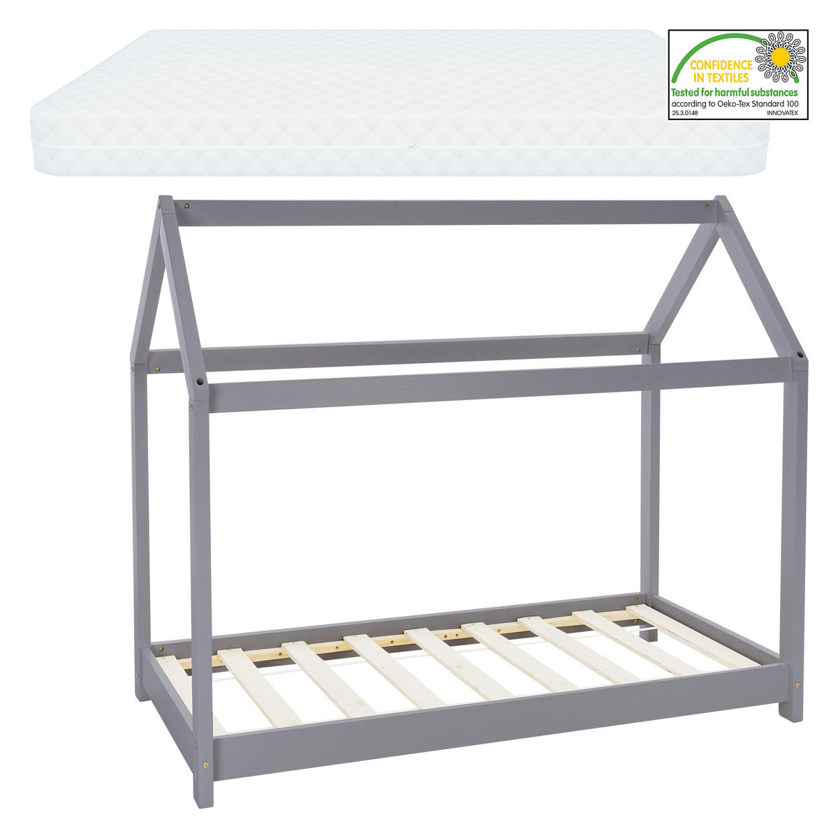 KINDERBETT mit Dach und Matratze 70x140 cm Hellgrau - Hellgrau, Holz (70/140cm) - ML-DESIGN