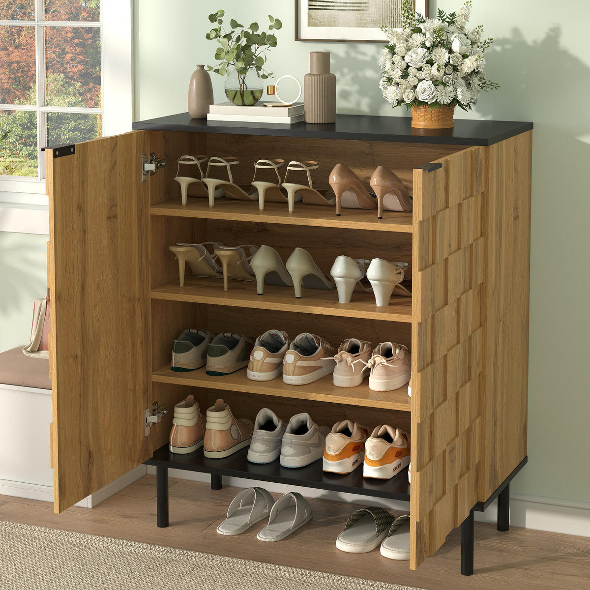 SCHUHSCHRANK mit Mosaik-Türdesign, Metallfüßen & Stauraum Holzoptik 1 Set Spanplatte/Metall - Naturfarben, Holzwerkstoff/Metall (80/91.5/35cm) - EVRYAE