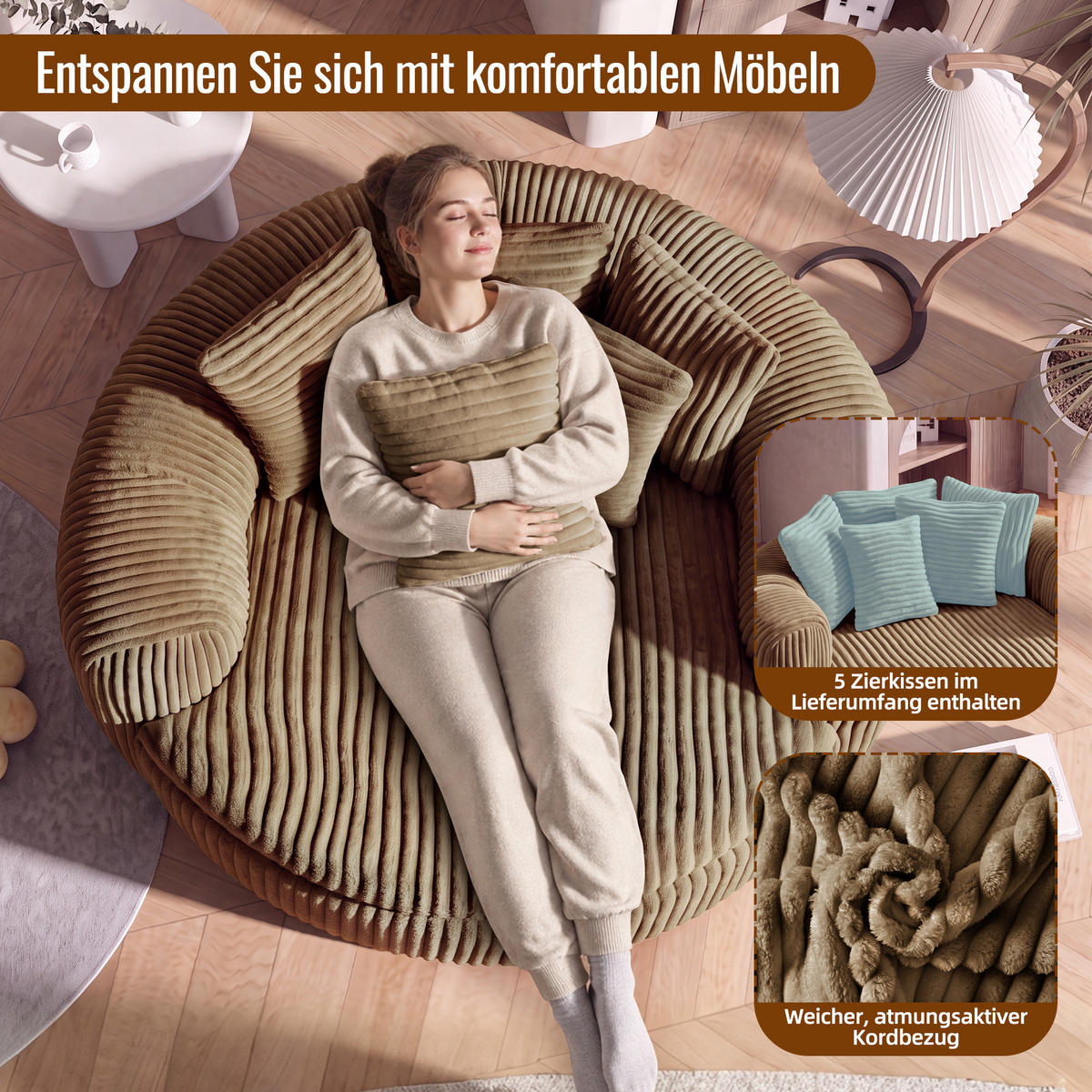 SITZSACK Cord Extrabreit mit 5 Kissen - Sandfarben, Textil (145/59/133cm) - Urban Meuble