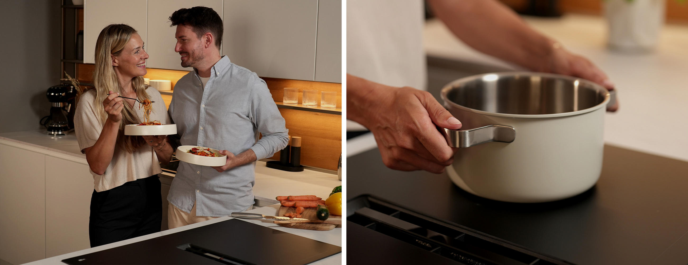Zwei Personen essen gemeinsam in einer modernen Küche mit frischem Gemüse auf der Arbeitsfläche, daneben eine Nahaufnahme von Händen, die einen Edelstahltopf über einem Induktionskochfeld halten