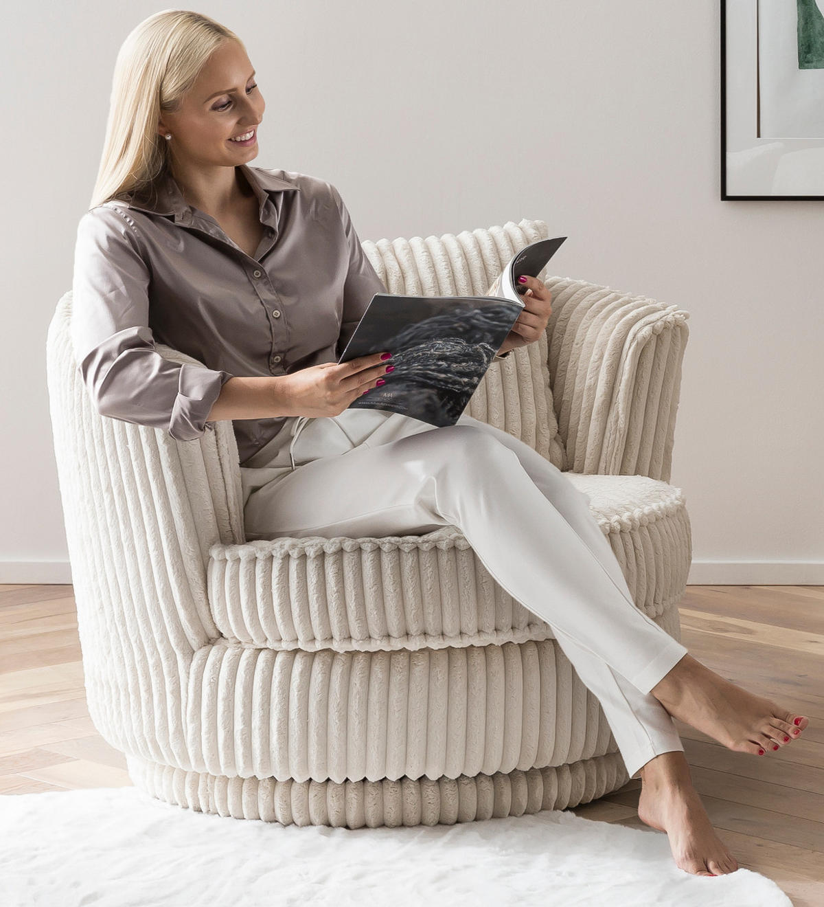 BIG-SESSEL Mega Cord creme wollweiß Ø 95 cm 360° drehbar, inklusive Kissen - Creme/Weiß, Holz/Holzwerkstoff (95/77/95cm) - Furn.Design
