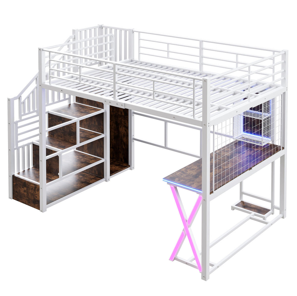 HOCHBETT 140/200 cm mit LED-Beleuchtung, Ablageleiter, Schreibtisch und Kleiderschrank, Metall und MDF, Weiß - Weiß, Metall (140/200cm) - Redom