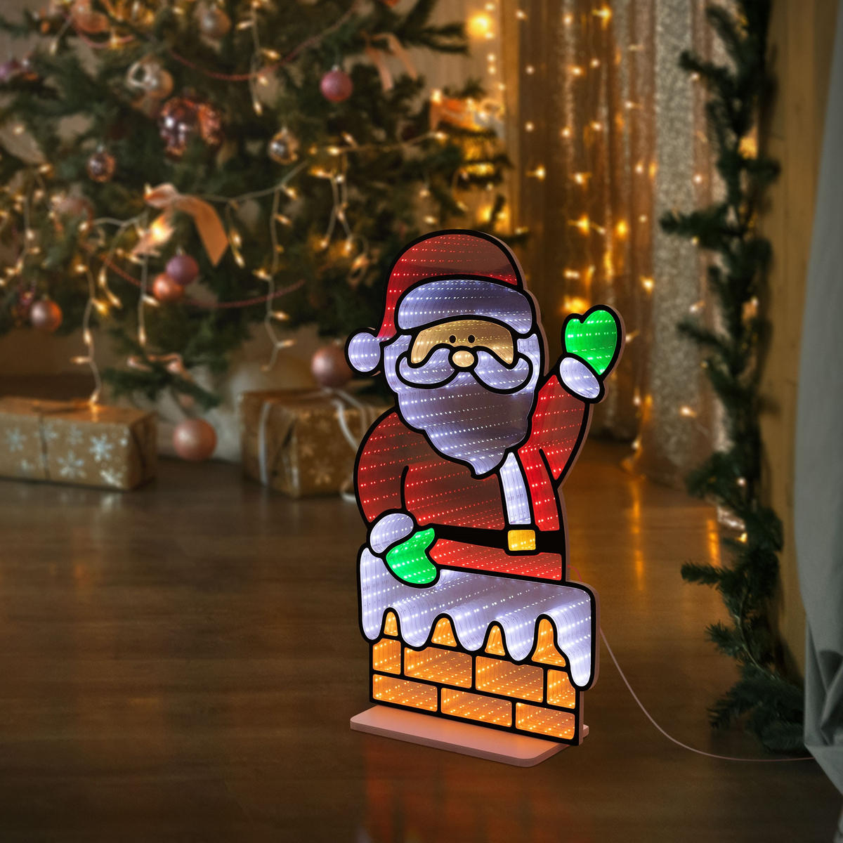 VÁNOČNÍ DEKORACE Santa Claus u krbu, LED zrcadlo s nekonečným 3D efektem a světelnou řetězem, 38 x 60 cm, do interiéru - různobarevná, plast (38/60/15cm) - ECD-Germany