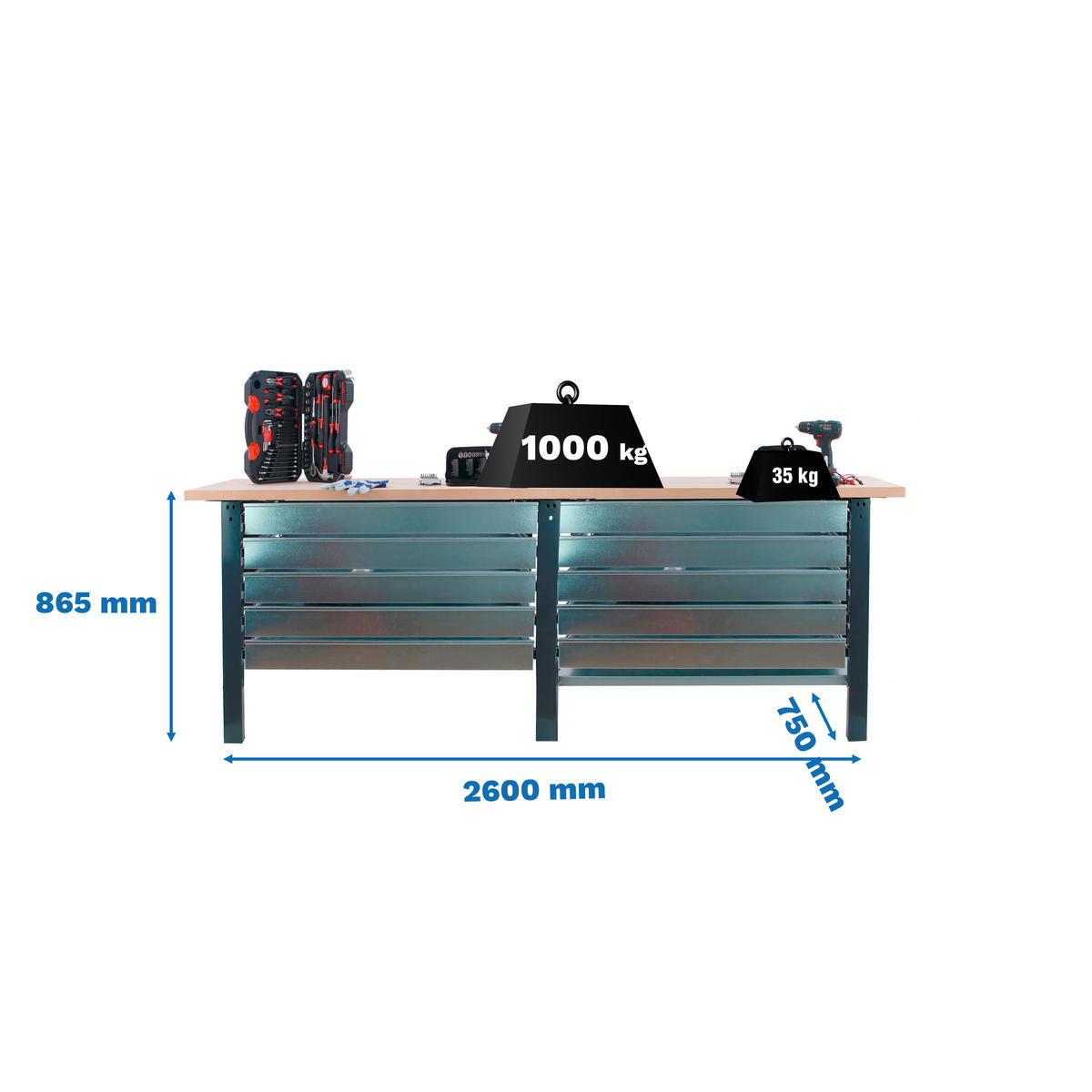 WERKBANK Buffalo Wood mit 10x Schublade HxBxT 86,5 x 260 x 75 cm Traglast 1000 kg Anthrazit - Anthrazit, Metall (260/86.5/75cm) - PROREGAL