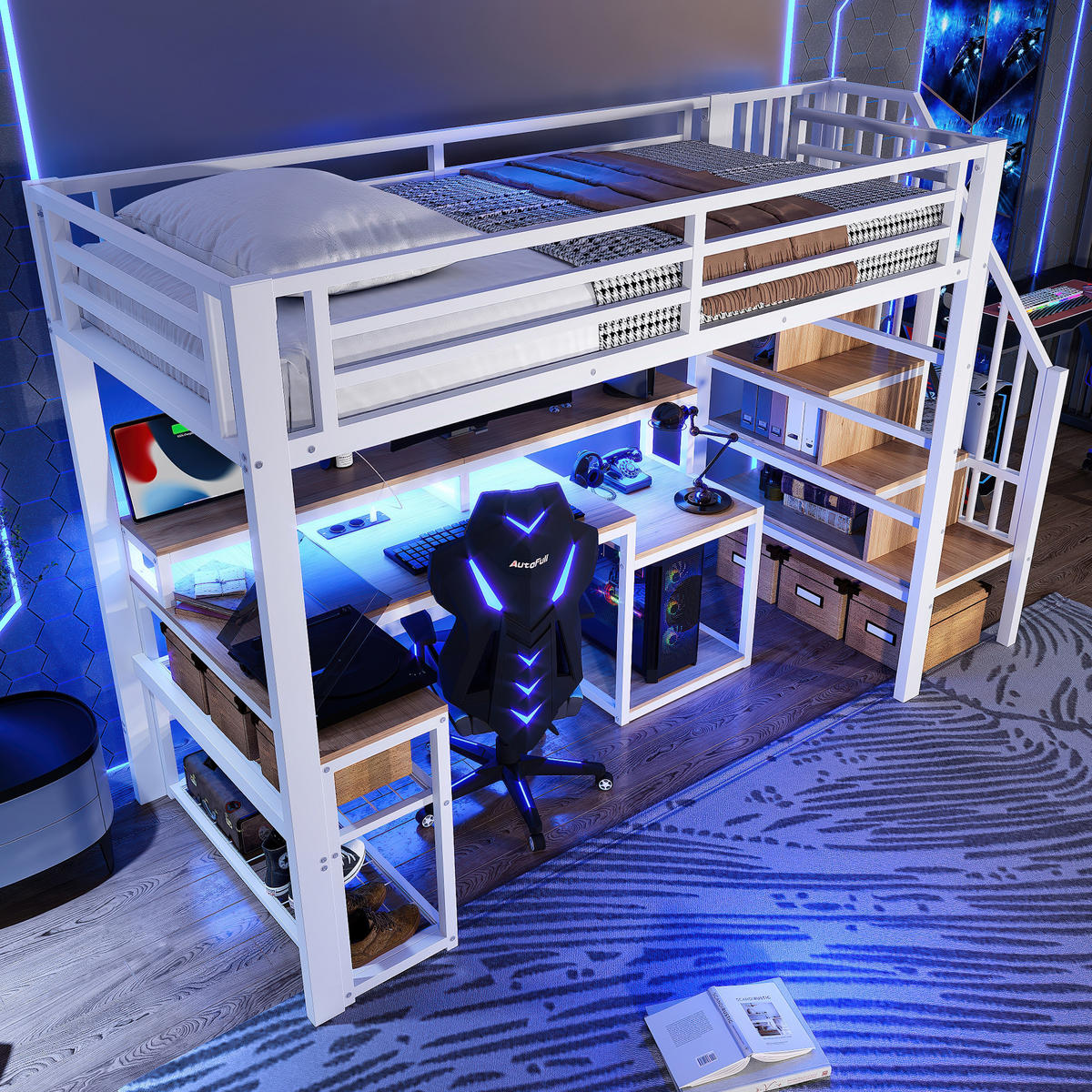 HOCHBETT 90x200cm Weiß Metall LED-Licht Schreibtisch USB - Weiß, Metall (90/200cm) - FLIEKS