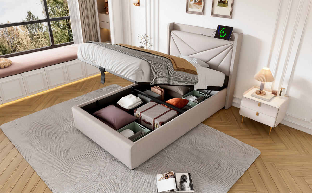 POLSTERBETT 90/200 cm Beige aus Baumwolle, Leinen und Metall mit Bettkasten und Ladefunktion - Beige, Textil (90/200cm) - OKMYHOME