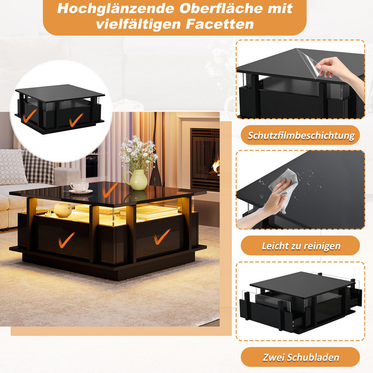 COUCHTISCH in Schwarz Sofatisch Hochglanz mit 2 Schubladen,LED & Acryl-Trennwand, Sofatisch für Wohnzimmer,B70/T70/H35cm - Schwarz, Holzwerkstoff/Metall (70/70/35cm) - STILVORA