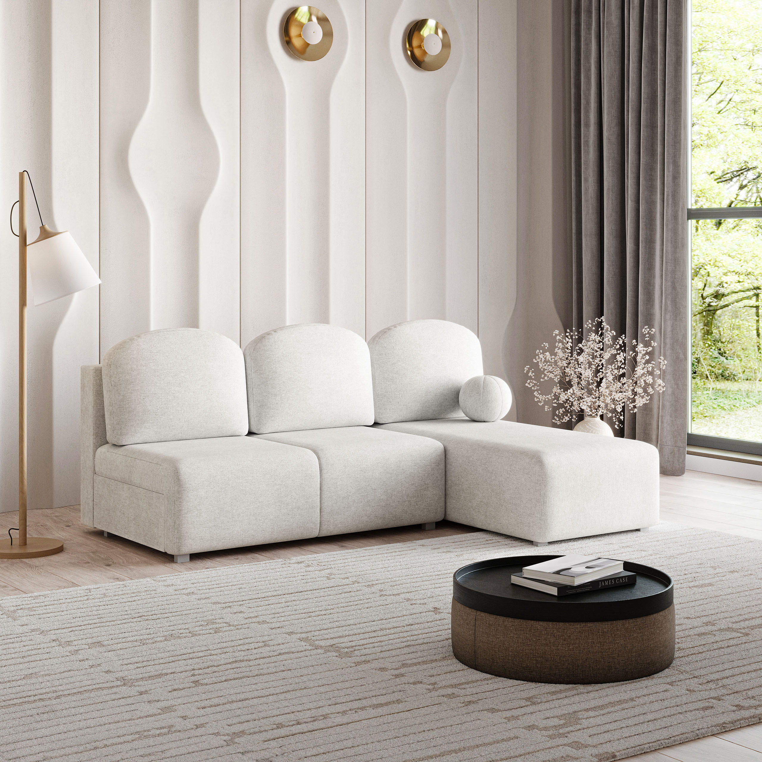 ECKSOFA TRAMA Creme Geflochtener Stoff mit Schlaffunktion - Creme, Holz (200/143cm) - MASSENO
