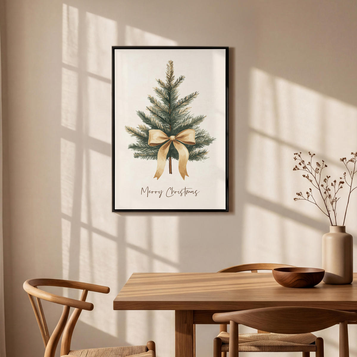 LEINWAND Bilder mit Rahmen - Weihnachtsbaum - Weihnachten - Frohe Weihnachten - Beige - 60x90 - Sandfarben, Textil (60/90cm) - MuchoWow