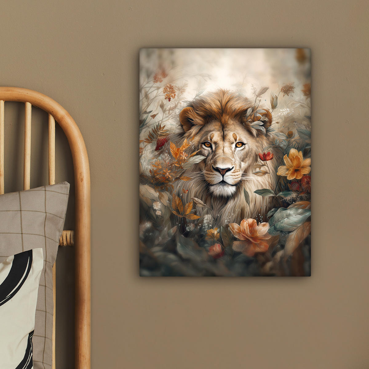 LEINWANDBILD Löwe - Wildtiere - Pflanzen - Natur - Blumen 30x40 cm - Beige, Textil (30/40cm) - MuchoWow