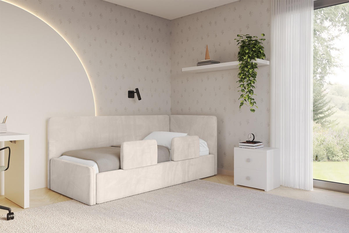 EINZELLBETT Jugendbett mit Bettkasten und Matratze H3/H4, Links - NORY 90x200 Beige - Ecru, Holzwerkstoff/Textil (90/200cm) - ALTDECOR