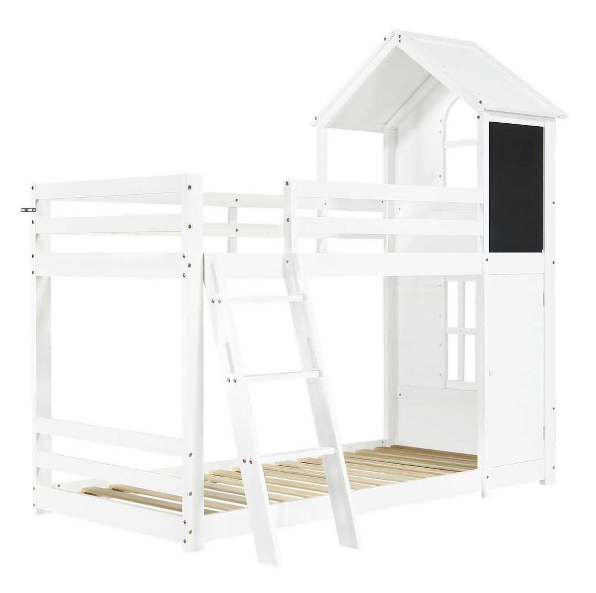 ETAGENBETT 90/200 cm mit Tafel, kleiner Tür, Dach und Schrägleiter aus Kiefernholz und MDF, Weiß - Weiß, Holzwerkstoff (90/200cm) - Redom