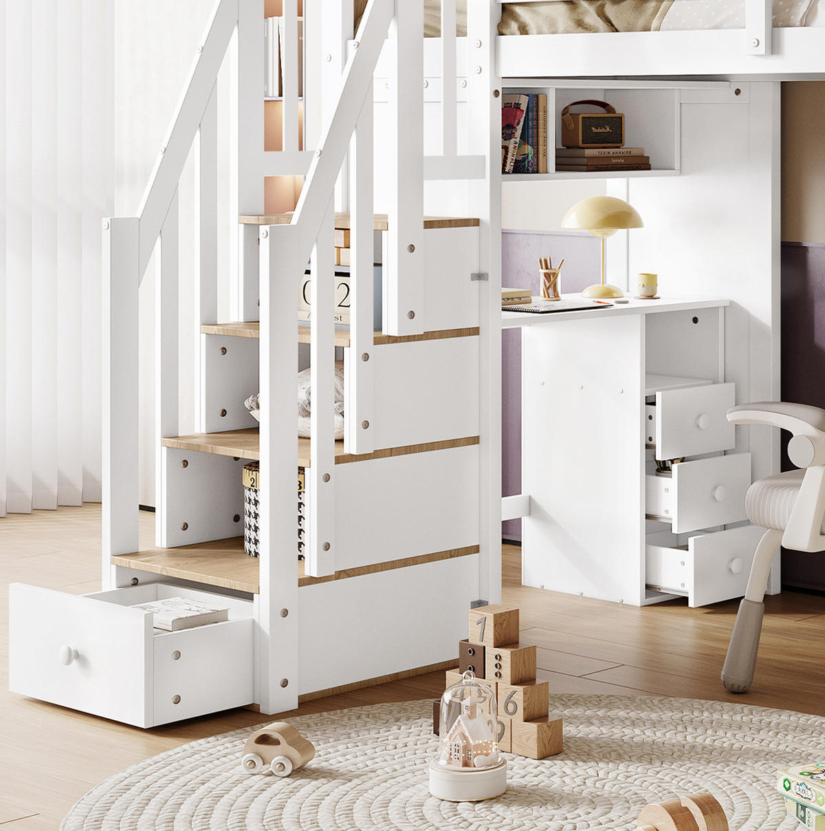 ETAGENBETT aus Kiefer und MDF 90x200 cm Weiß/Natur mit Schreibtisch, Stauraumtreppe und Regal - Weiß, Holzwerkstoff (90/200cm) - IVMEU