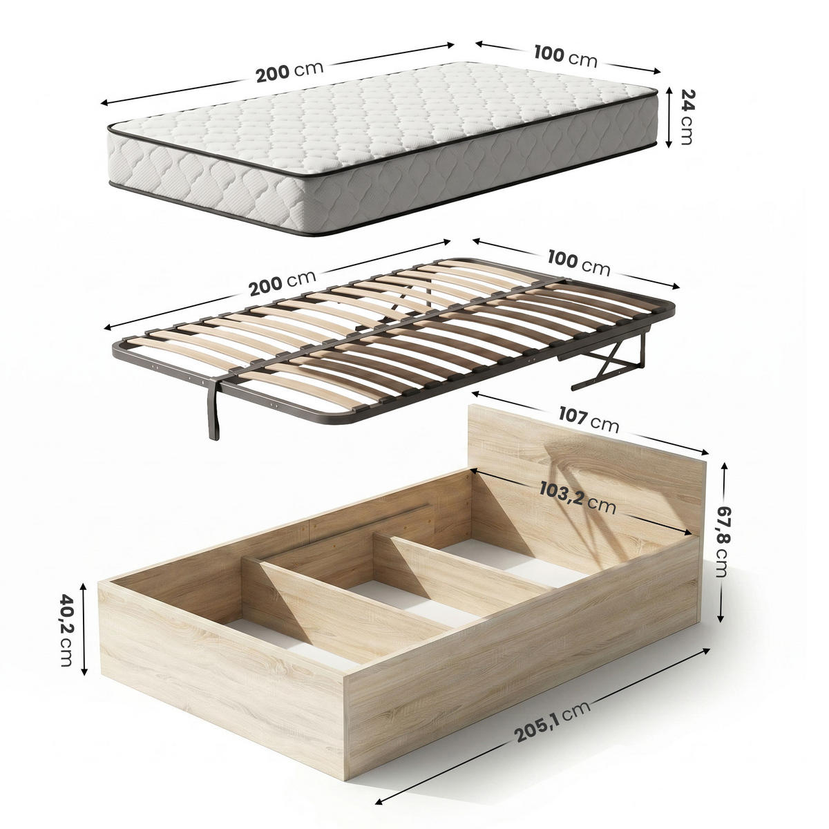 BETT mit Bettkasten 100x200 cm Metalllattenrost und Federkernmatratze Sonoma Eiche - Sonoma Eiche, Holzwerkstoff (100/200cm) - Akord