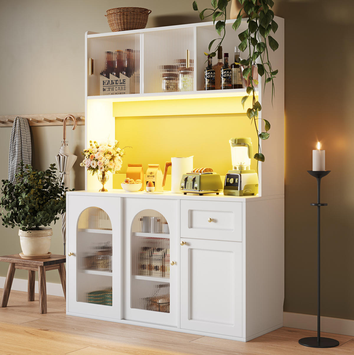 BUFFET 120/35/167 cm in Weiß mit LED-Beleuchtung und Glastüren - Weiß, Holzwerkstoff (120/167/35cm) - Flora Grace