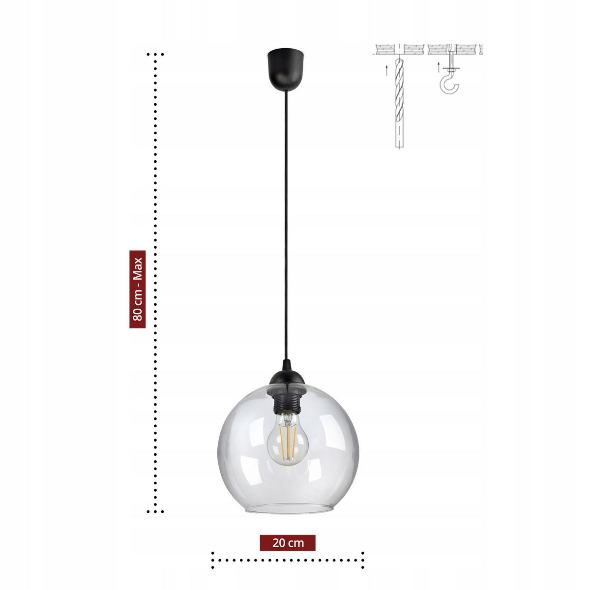 PENDELLEUCHTE HAGEN - Transparent/Schwarz, Glas/Metall (20/20/80cm) - kiki design