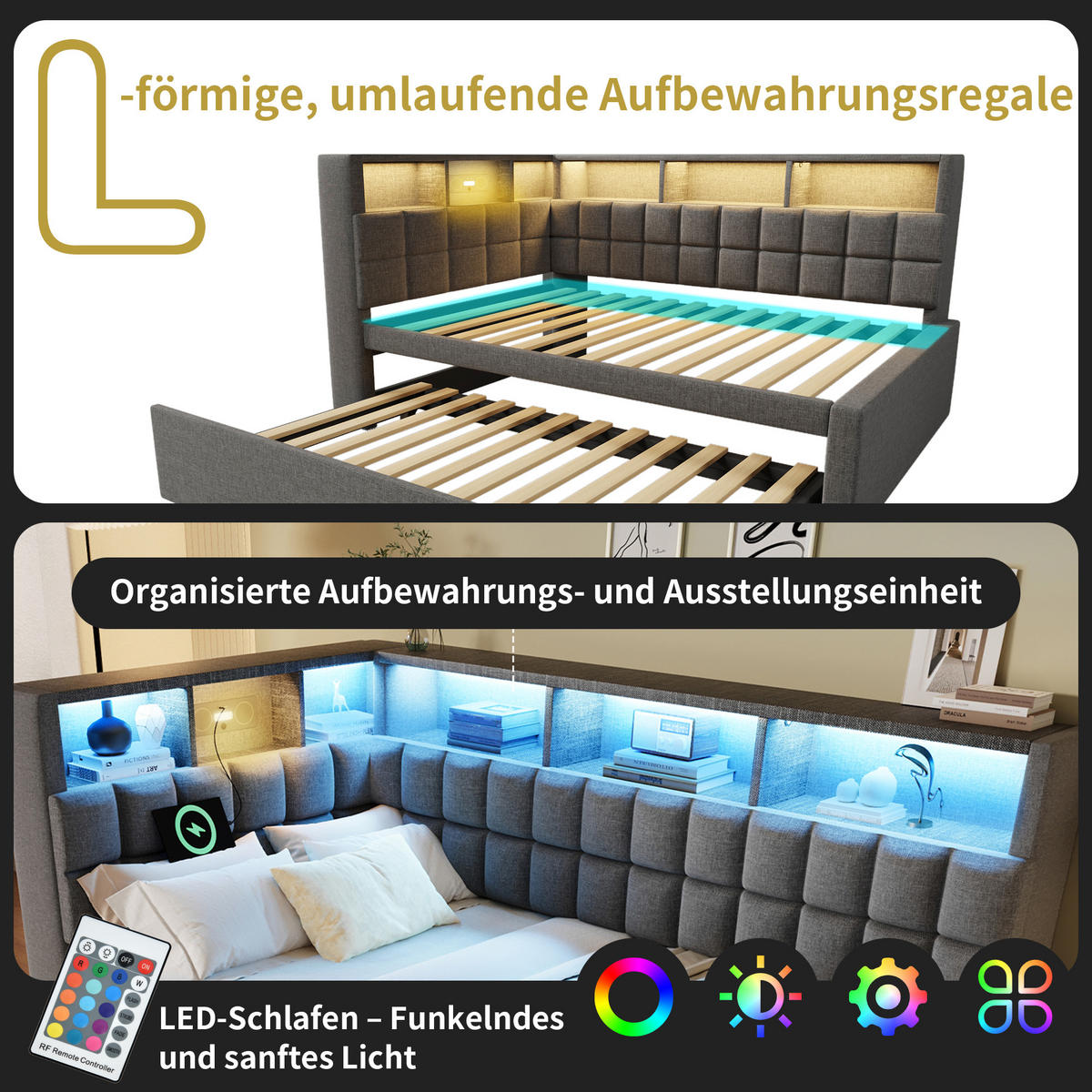 POLSTERBETT 90/200 cm aus Leinen mit Ausziehbett, LED, Bluetooth-Lautsprecher und USB-/USB-C-Anschluss, Grau - Grau, Textil (90/200cm) - Redom