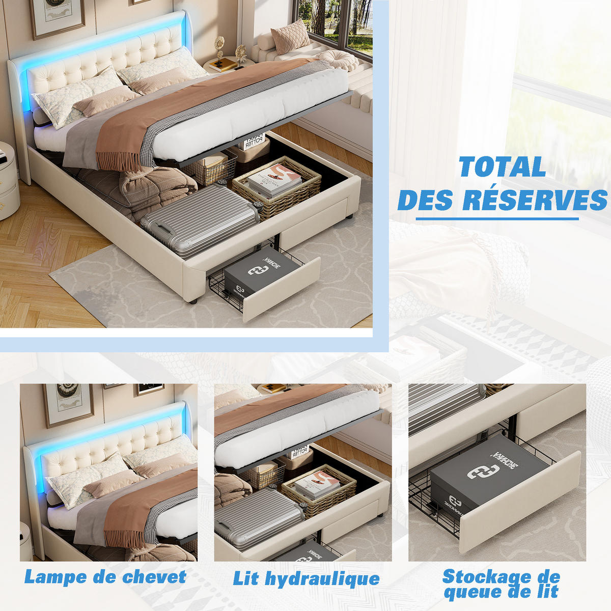 POLSTERBETT 140 x 190 cm, Doppelbett mit LED-Kopfteil, hydraulisches Bett mit 2 Schubladen, beige, Samt. - Beige, Holz (140/200cm) - WoodenAura