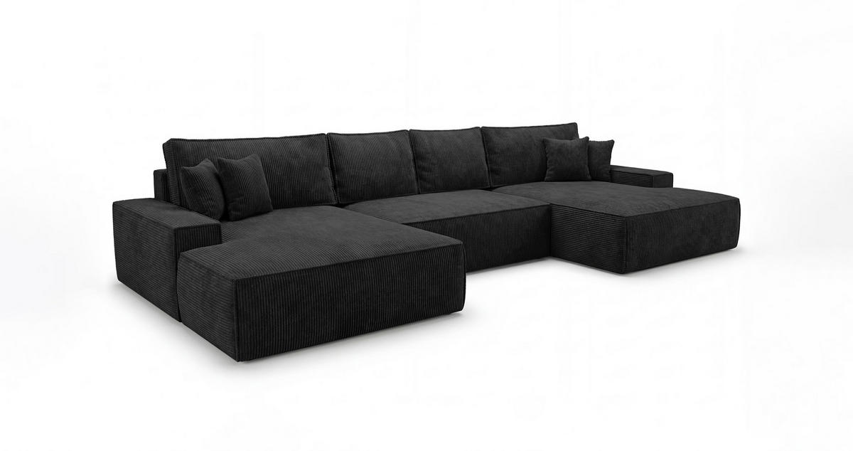 WOHNLANDSCHAFT VERONA U-Form schwarz Cord Poso 135 - Schlaffunktion, Bettkasten - Schwarz, Textil (385/86/185cm) - Cornero
