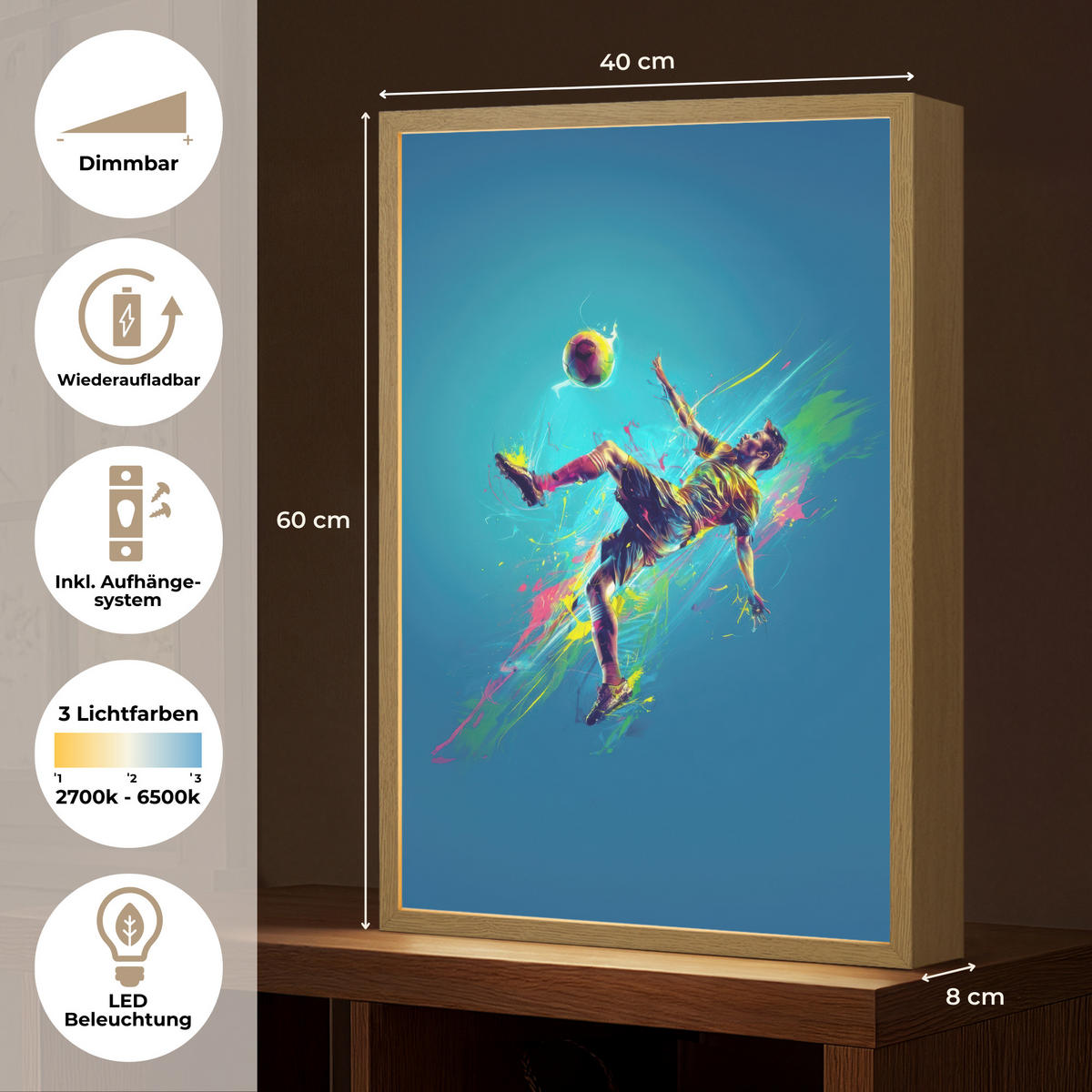 NACHTTISCHLAMPE MIT AKKU Fußballer - Farbspritzer - Farbenfroh - Ball 40x60 cm - Blau, Holzwerkstoff (8/40/60cm) - OnlyWow