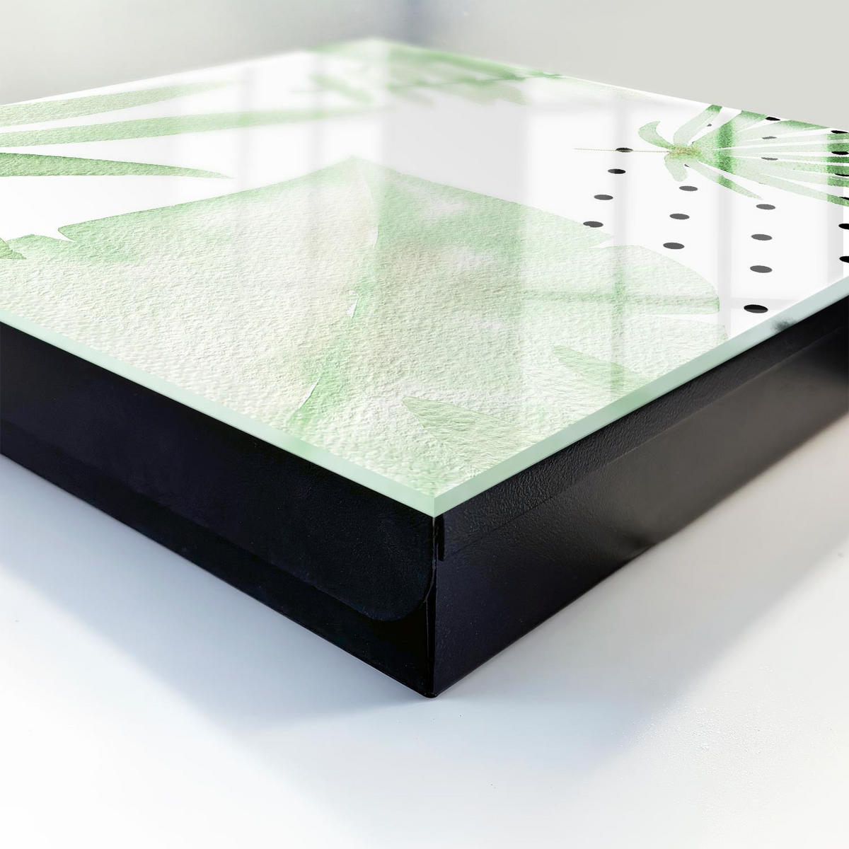 SCHLÜSSELBOX Schwarz 30x30 cm- Türöffnung nach rechts - Grüne Blätter - Weiß, Metall (30/30/5cm) - TULUP