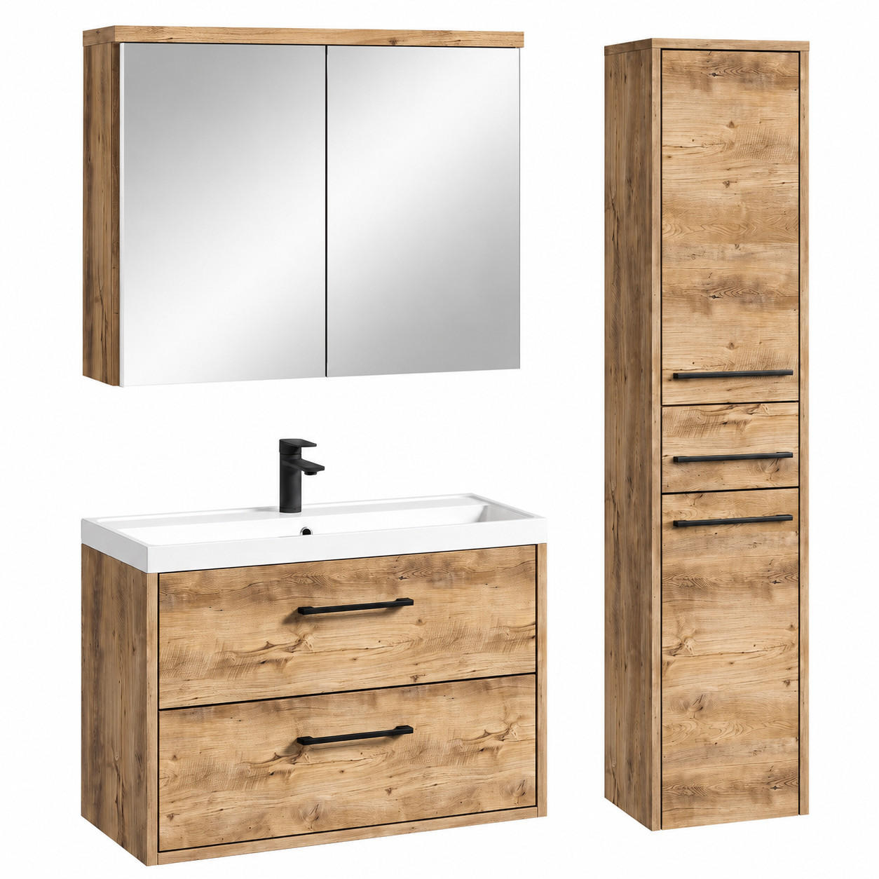 BADMÖBEL-SET Florence 3 Teile Kastanien Eiche - 80 x 40 x 51 cm - Eichefarben, Holz (80/51/40cm) - Badplaats