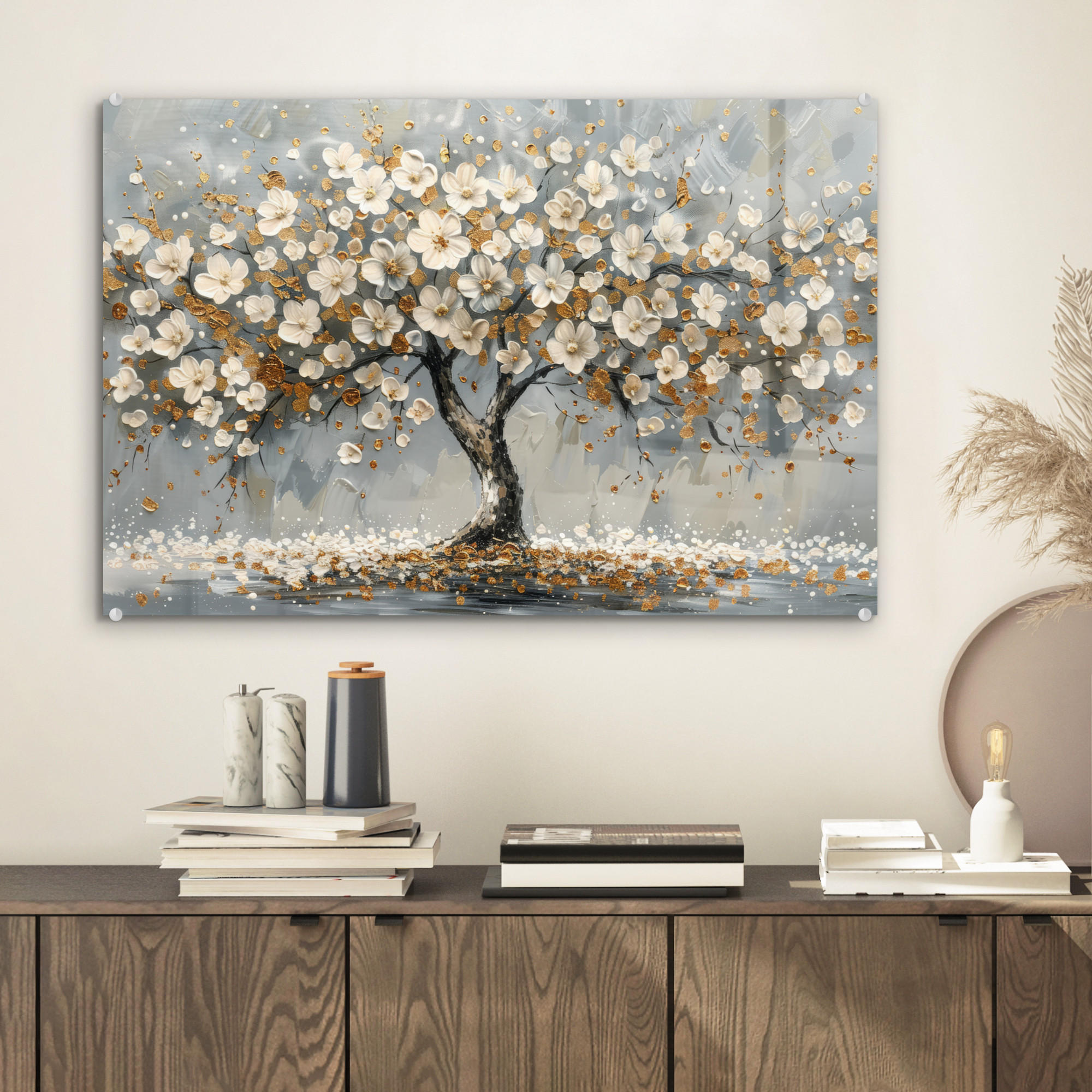 ACRYLGLASBILD Baum - Blumen - Weiß - Natur - Kunst 60x40 cm - Weiß, Glas (60/40cm) - MuchoWow