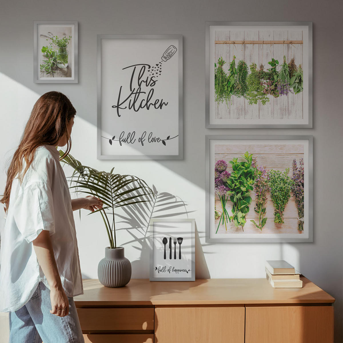 WANDBILDER 5er Set - 50x50 cm & 20x30 cm & 40x60 cm Silberner Rahmen - Küchenthema: Getrocknete Kräuter - Silberfarben, Kunststoff (40/60cm) - ArtPrintCave
