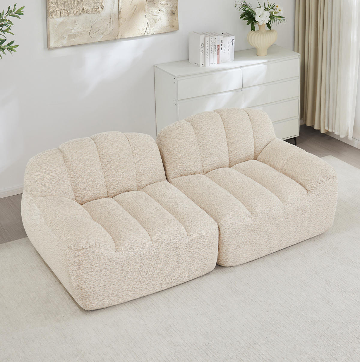 ECKSOFA 210/104/79 cm beige-weiß aus granuliertem Fleece mit ergonomischer Form, ohne Montage - Beige, Textil (104/210cm) - OKWISH