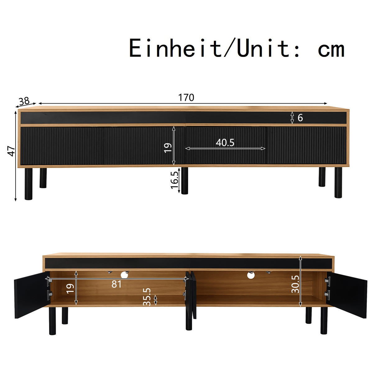 LOWBOARD 170/38/47,7 cm aus MDF und Spanplatte mit 4 grifflosen Türen Schwarz - Schwarz, Holzwerkstoff (170/47/38cm) - Modenvie