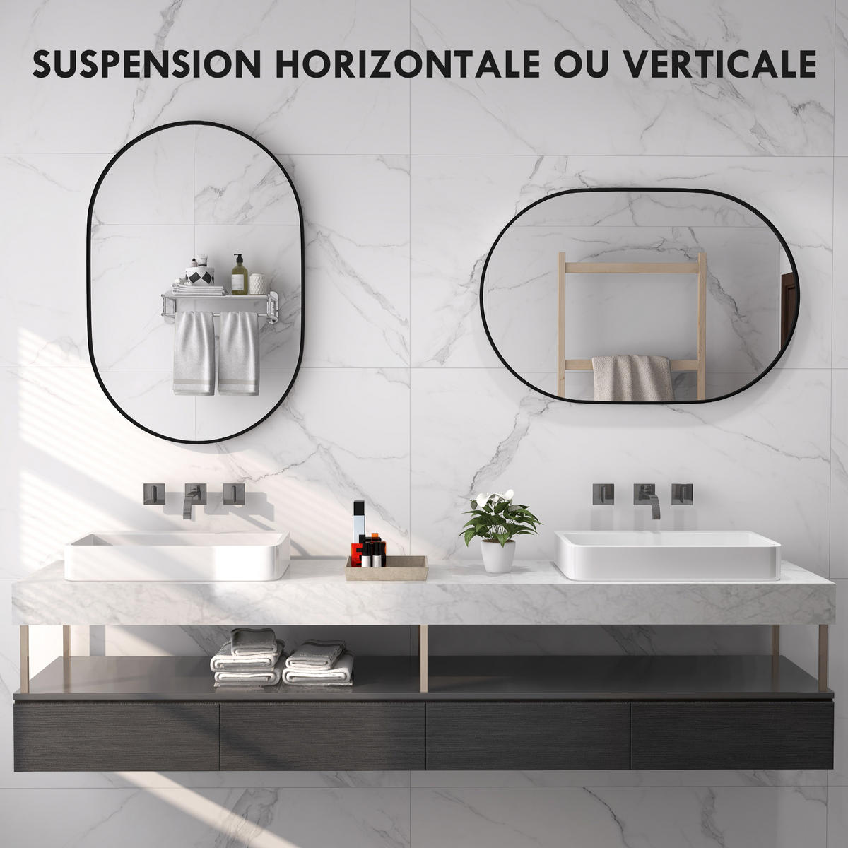 BADEZIMMERSPIEGEL DE-15188 oval 60/90 cm, 2-in-1 Montage Schwarz - Schwarz, Metall (3/60/90cm) - ComfortXL