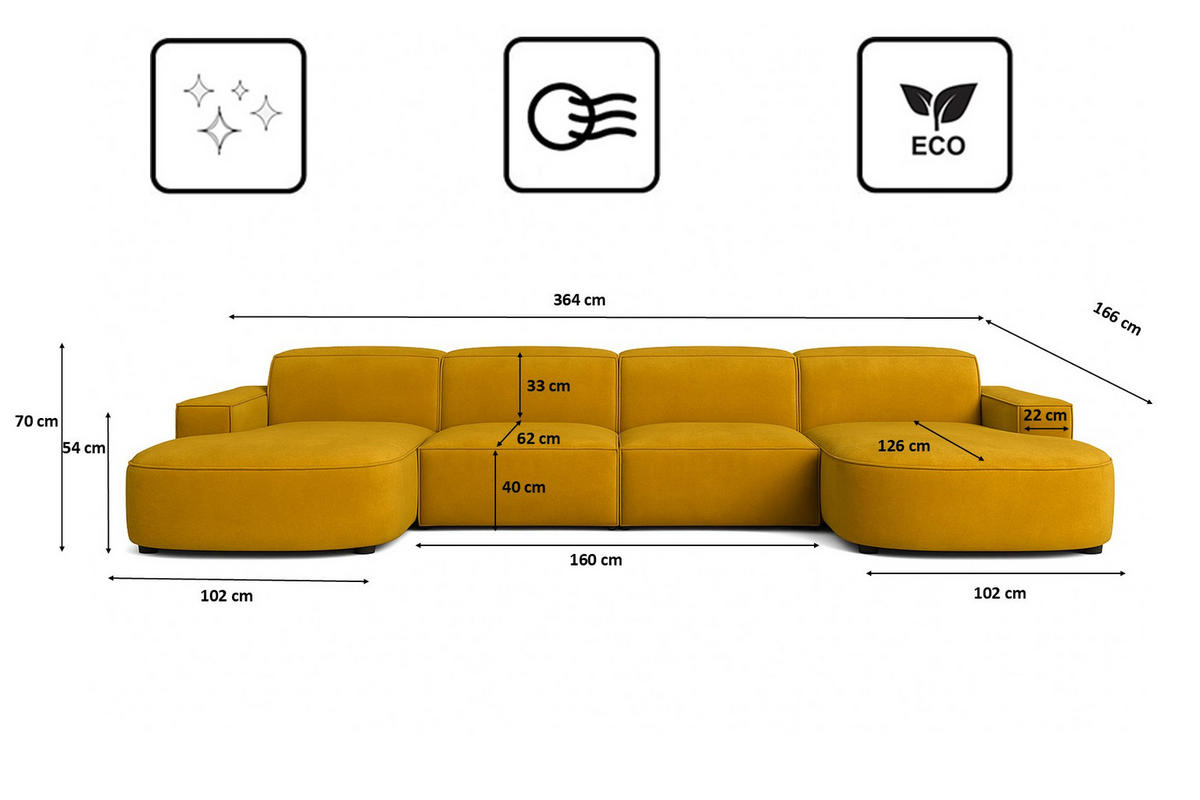 ECKSOFA Cursal Round U-Form, Stoff Salvador, Gelb - Gelb, Holz (364/166cm) - Kaiser Möbel