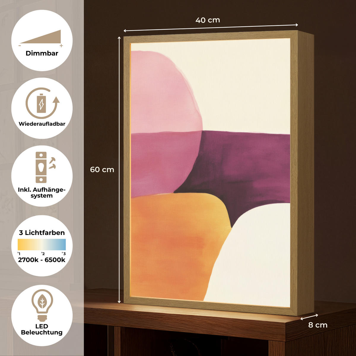 NÁSTĚNNÁ LAMPA S AKUMULÁTOREM Tvary - abstraktní - barevné 40x60 cm - růžová, kompozitní dřevo (40/60/8cm) - OnlyWow