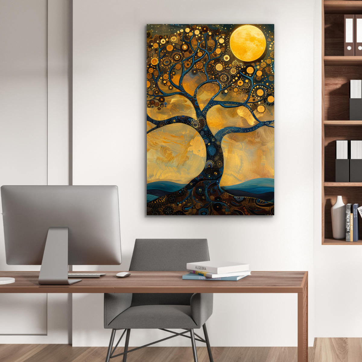 METALLBILD Baum - Mond - Blumen - Gold - Kunst 60x90 cm - Orange, Metall (60/90cm) - MuchoWow