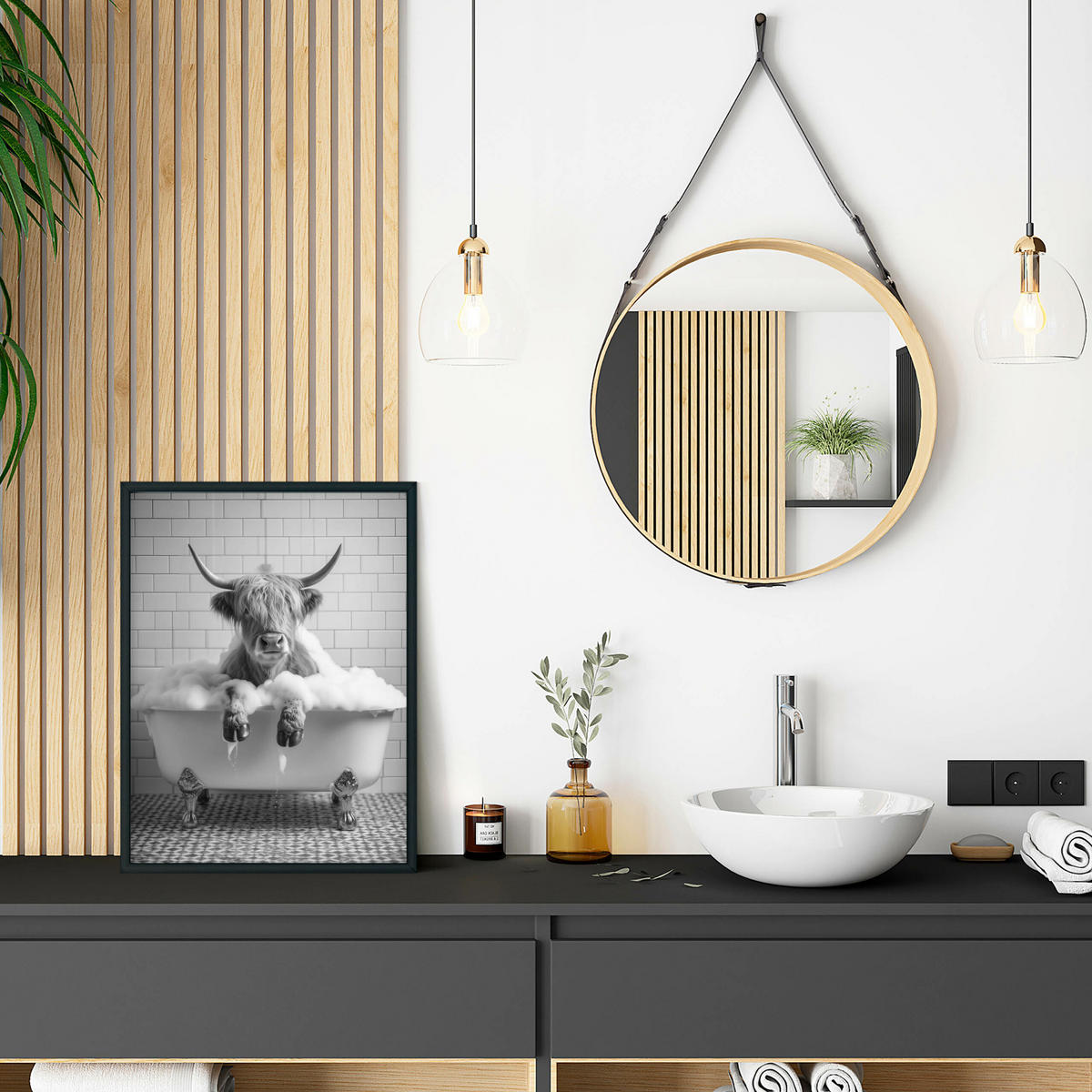 POSTER für WC Badezimmer SCHOTTISCHE KUH in Badewanne Schwarz-Weiß Abstraktion 30x40cm - Schwarz/Weiß, Papier (30/40/40cm) - Muralo