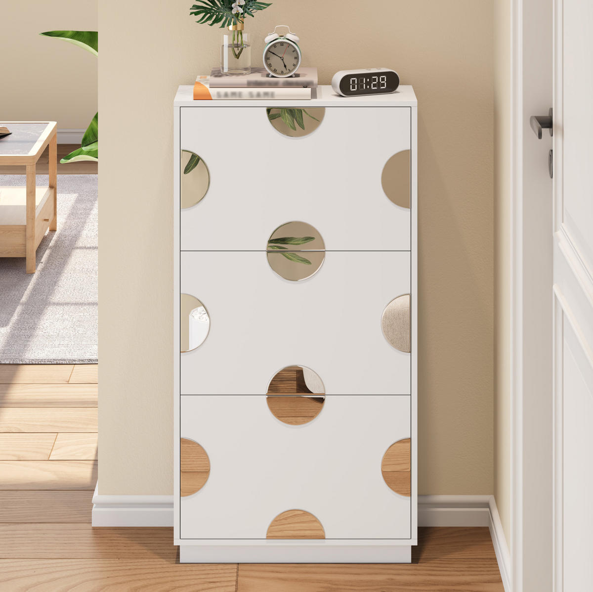 SCHUHSCHRANK 63/24/120 cm weiß aus MDF mit 3 Klappen und Spiegel - Weiß, Holzwerkstoff (63/120/24cm) - OKWISH