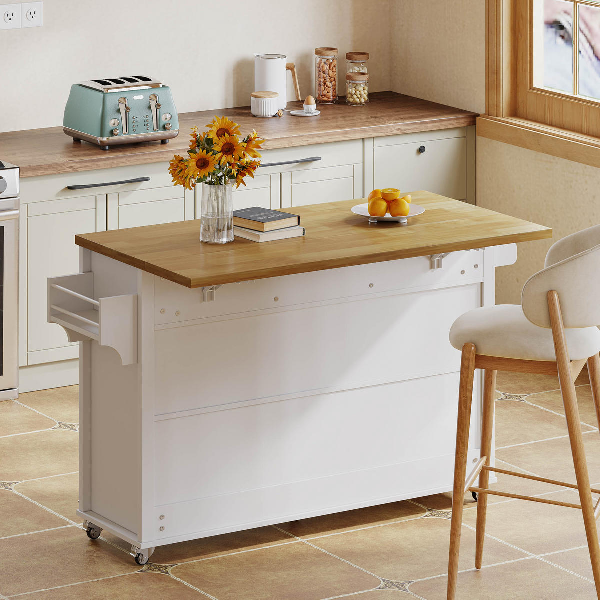 KÜCHENINSEL 140/43/90,5 cm Weiß/Natur aus MDF mit Klappplatte - Weiß, Holzwerkstoff (140/90.5/70cm) - OKWISH