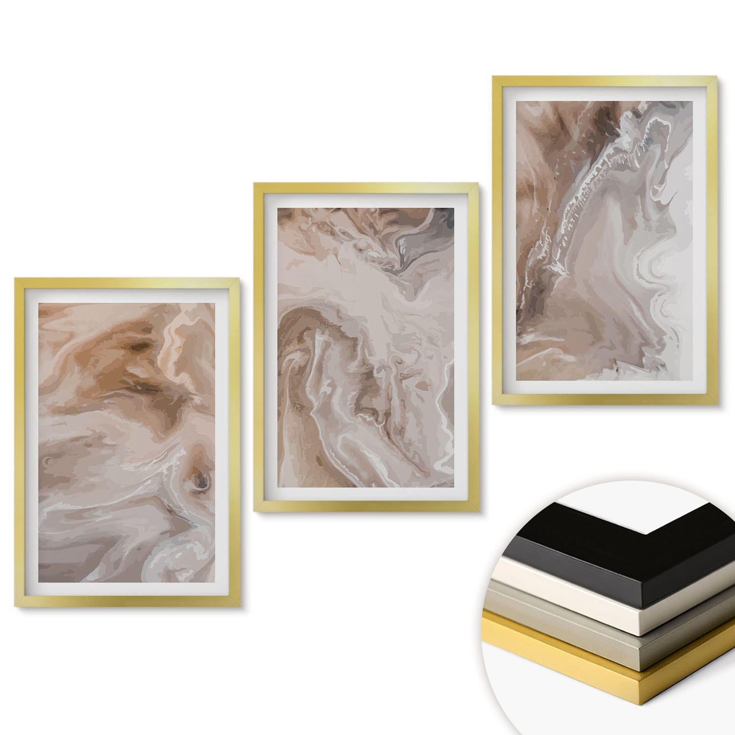WANDBILDER 3er Set - 40x60 cm Goldrahmen - Abstrakter Marmorstein - Goldfarben, Kunststoff (40/60cm) - ArtPrintCave